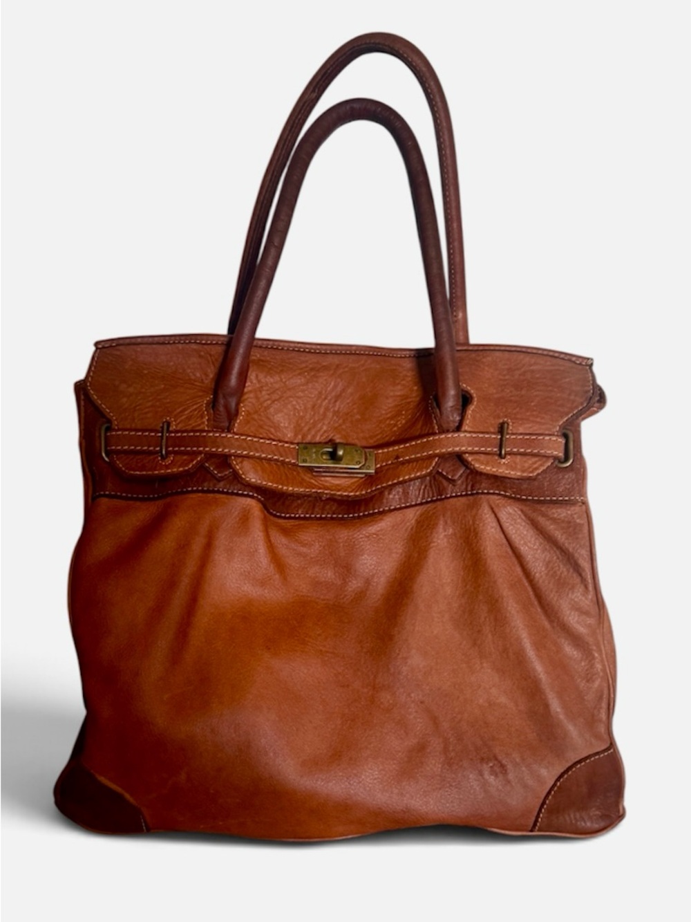 Gorgeous Made in Italy Cognac Brown Leather Tote with Turn-Lock Strap, Unisex